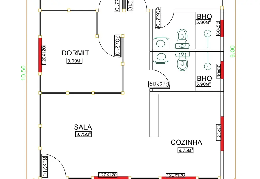 Planta: Casa Térrea 63,37m² com 2 Quartos e 1 Suíte