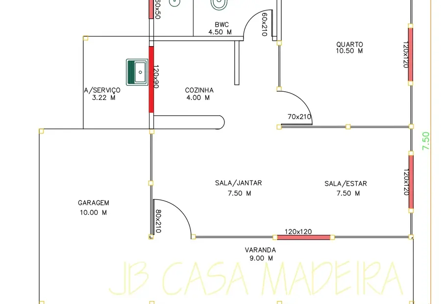 Planta: Casa Térrea 63,22m² com 1 Quarto e Garagem