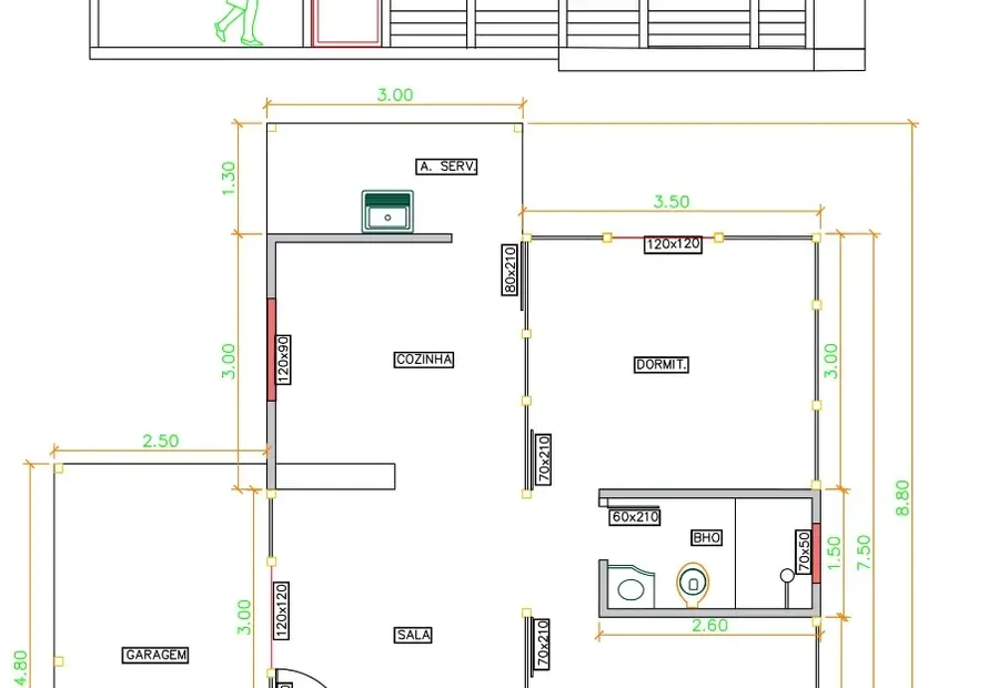 Planta: Casa Térrea 64,65m² com 2 Quartos e Garagem