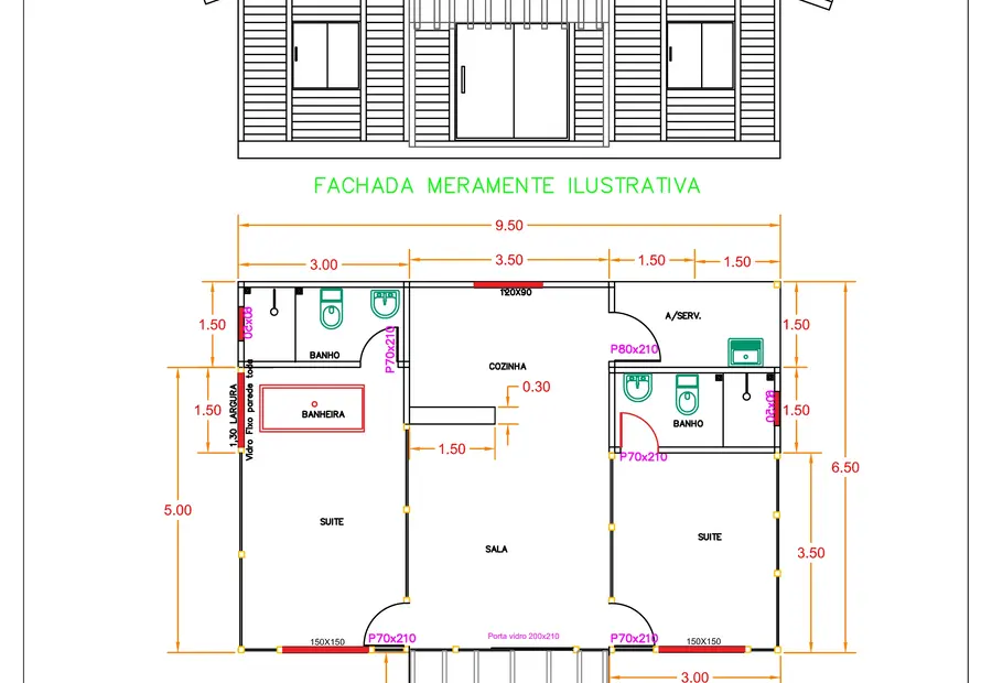 Planta: Casa Térrea 67,00m² com 2 Suítes e Pergolado