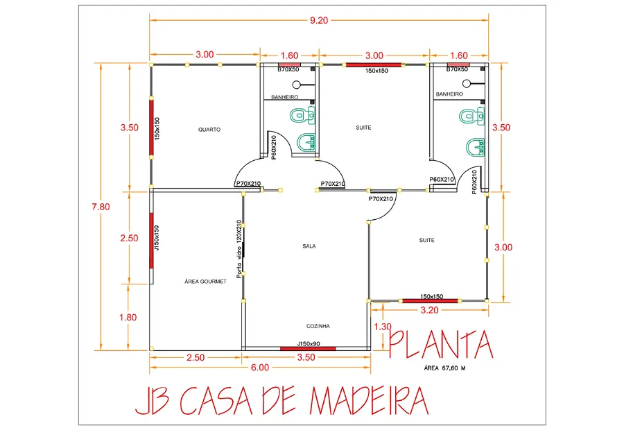 Planta: Casa Térrea 67,60m² com 2 Quartos, 1 Suíte e Área Gourmet