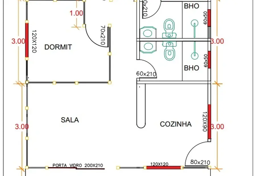 Planta: Casa Térrea 68,25m² com 1 Suíte e 2 Quartos