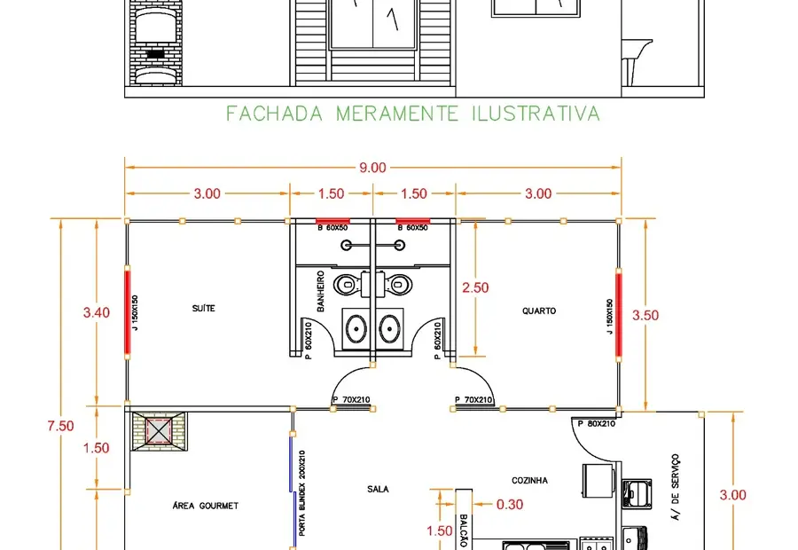Planta: Casa Térrea 69,00m² com 1 Suíte e 1 Quarto