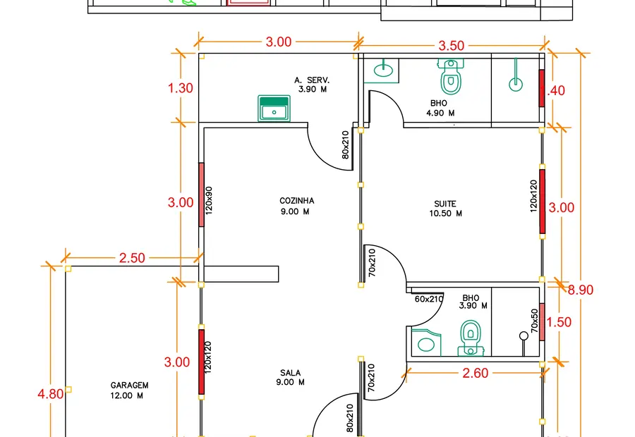 Planta: Casa Térrea 69,85m² com 1 Suíte, 1 Quarto e Garagem