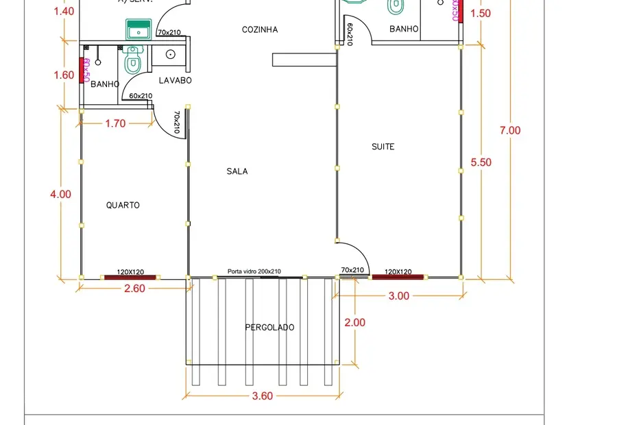 Planta: JB Casa de Madeira 70,20m² com 1 Suíte, 1 Quarto e Lavabo