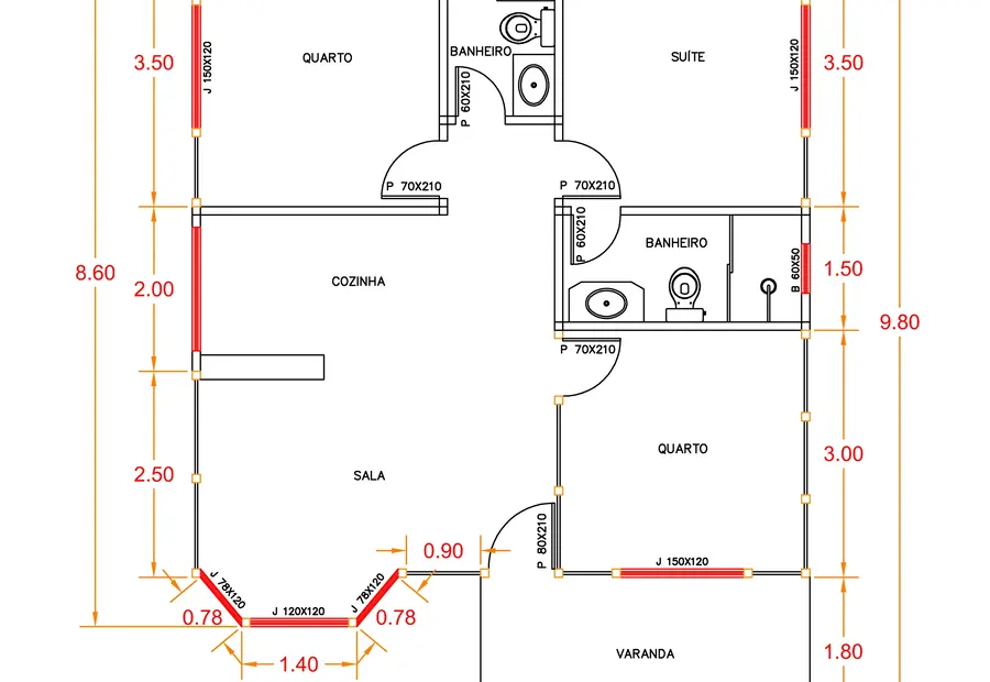 Planta: Casa de Madeira 68,88m² com 1 Suíte e 2 Quartos