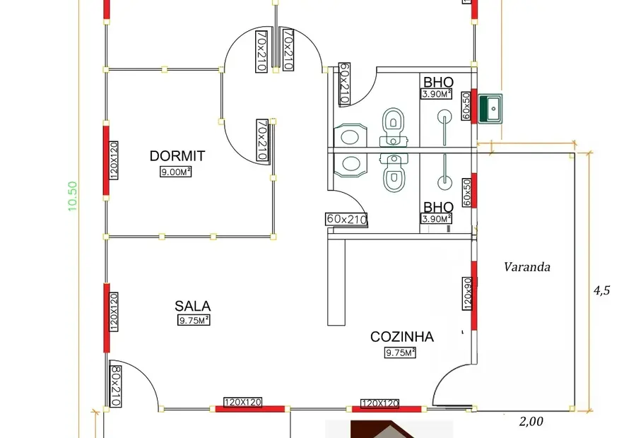 Planta: Casa 72,37m² com Suíte, Varanda e Área de Serviço