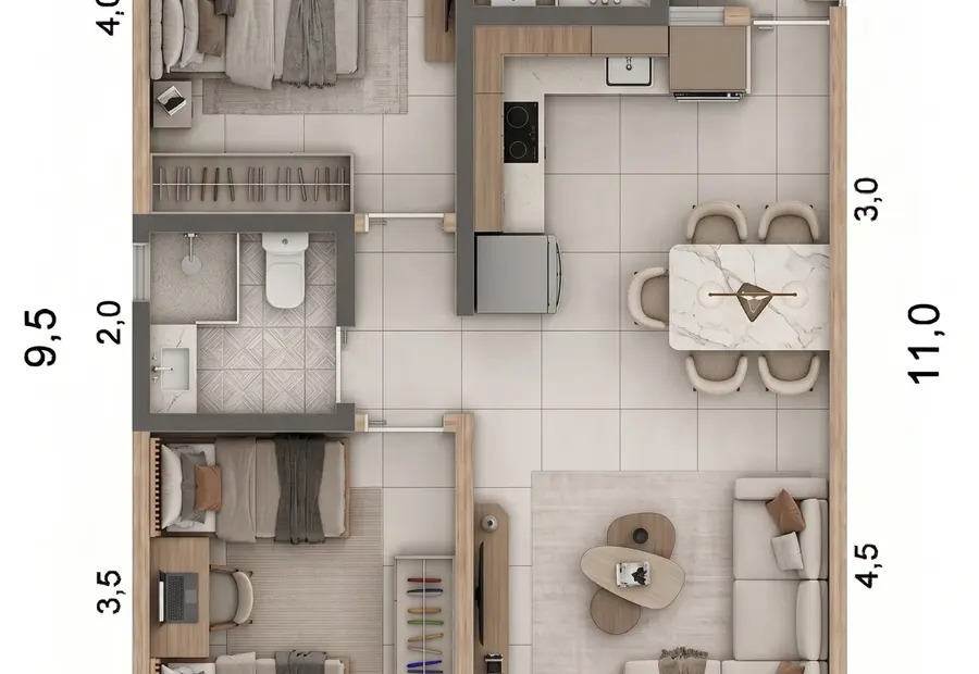 Planta: Casa 72,50m² com Suíte, Quarto e Varanda