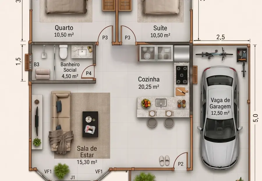 Planta: Casa 72,75m² com Suíte, Garagem e Varanda