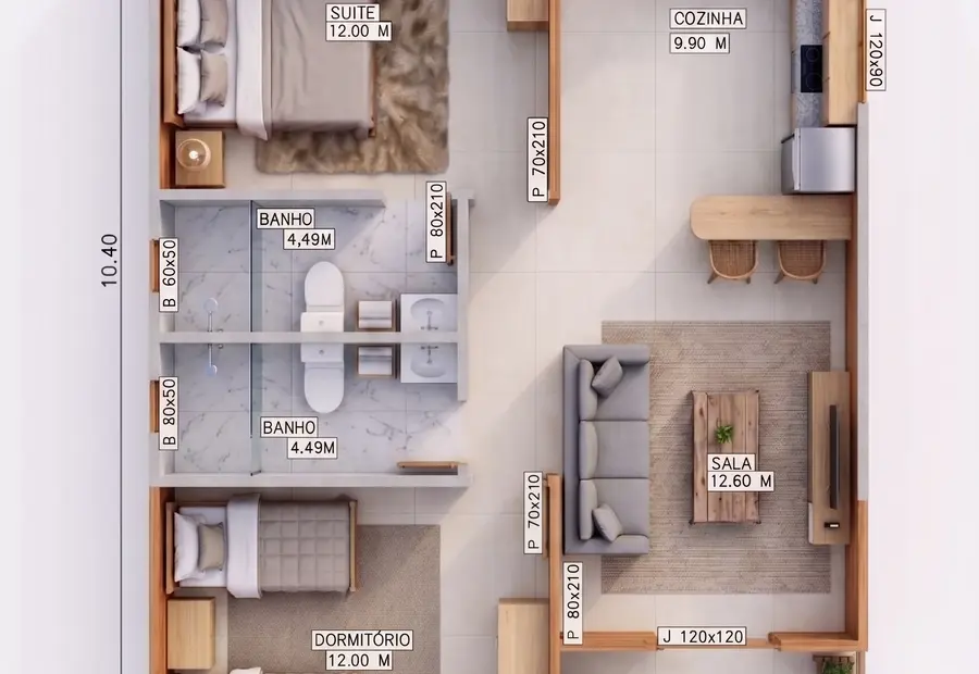 Planta: Casa 72,80m2 com Suíte e Duas Varandas