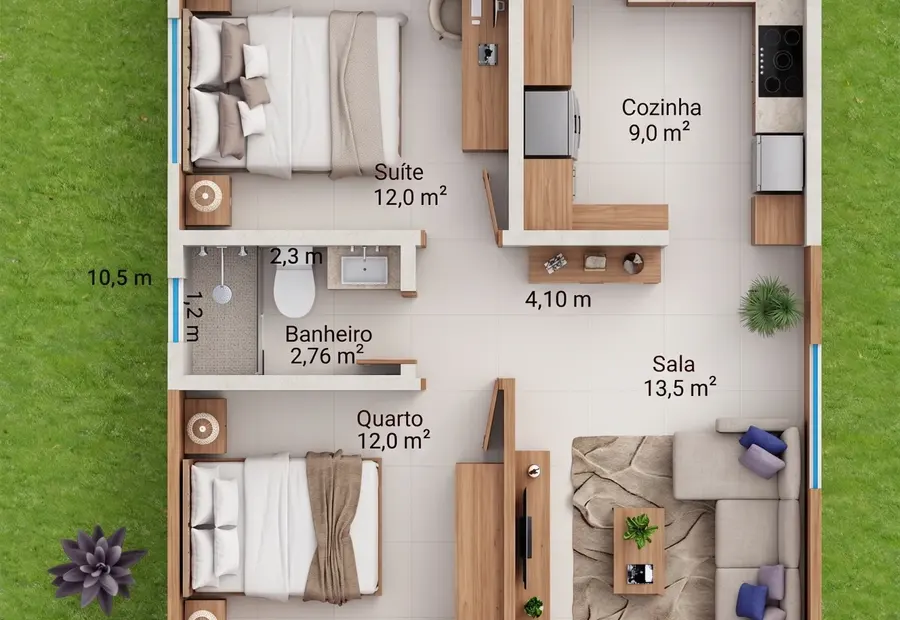 Planta: Casa 73,50m² com Suíte, Varanda e Lavanderia