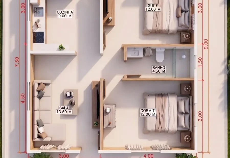 Planta: Casa 74,00m² com Suíte e Ampla Varanda