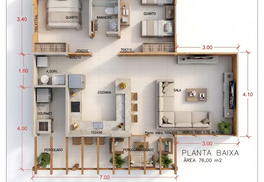 Planta: Casa 76,00m² com Dois Quartos, Espaço Gourmet e Pergolado
