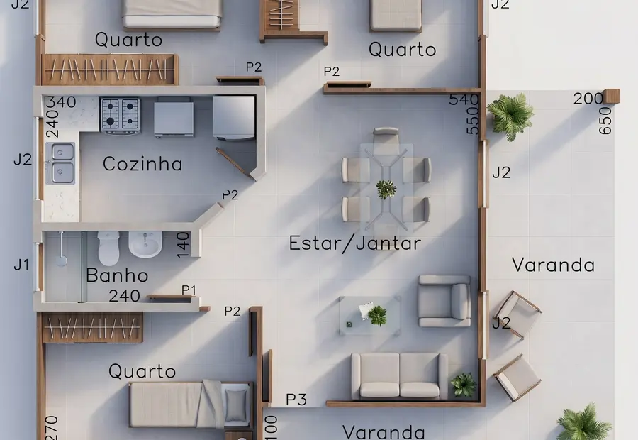 Planta: Casa Térrea 77,60m² com 3 Quartos