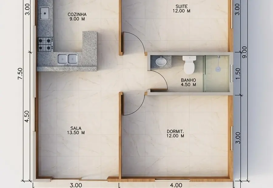 Planta: Casa Térrea 77,00m² com 1 Suíte, 1 Quarto e Lavabo