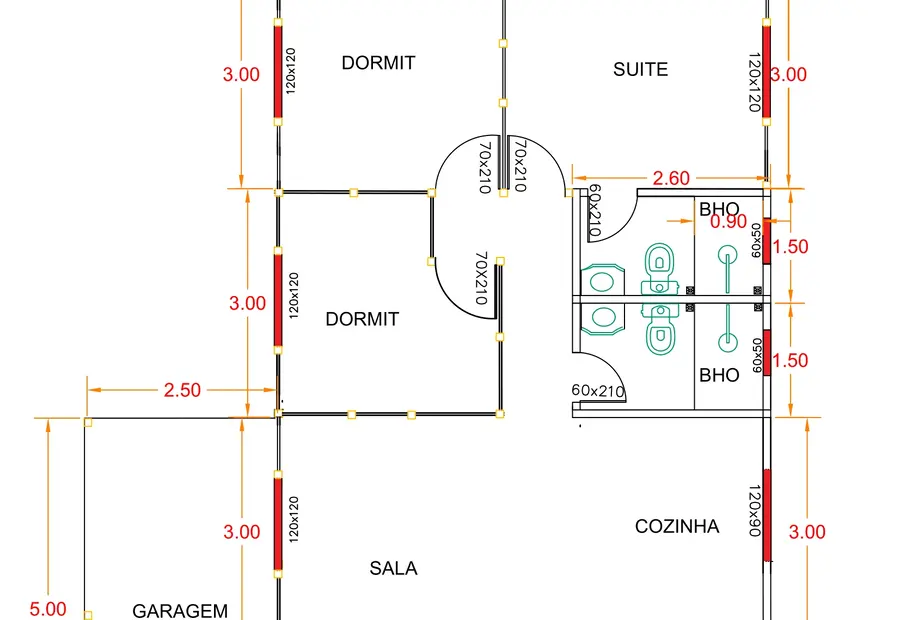 Planta: Casa 77,50m² com 1 Suíte e 2 Quartos