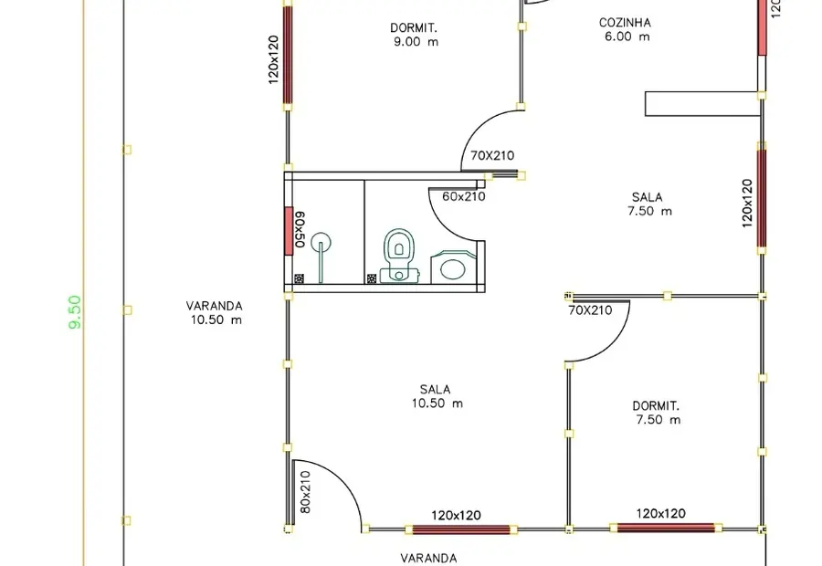 Planta: Casa 79,00m² com 2 Quartos e Varanda