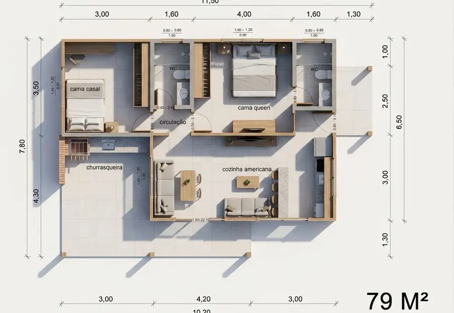 Planta: Casa 79,00m² com 1 Suíte e Área Gourmet