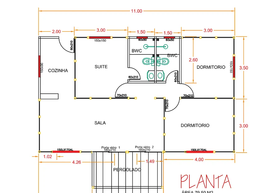 Planta: Casa 79,50m² com 1 Suíte, 2 Quartos e Pergolado
