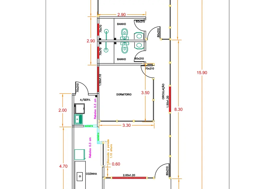 Planta: Casa 80,00m² com 1 Suíte e 1 Quarto