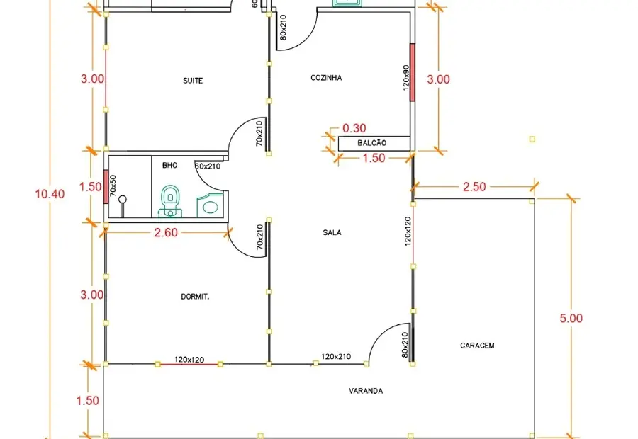 Planta: Casa 80,10m² com 1 Suíte e 1 Quarto