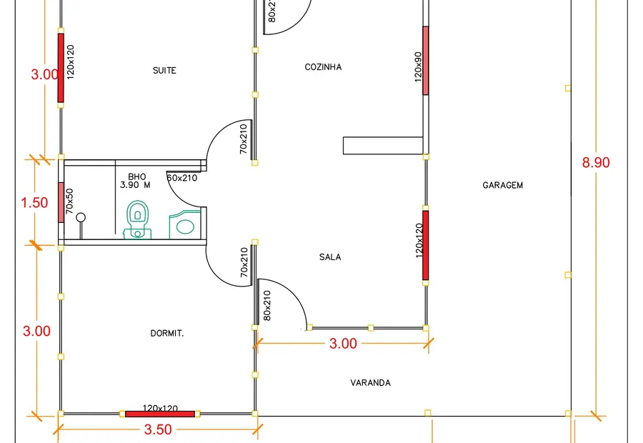 Planta: Casa Térrea 80,10m² com 1 Suíte, 1 Quarto, Varanda e Garagem