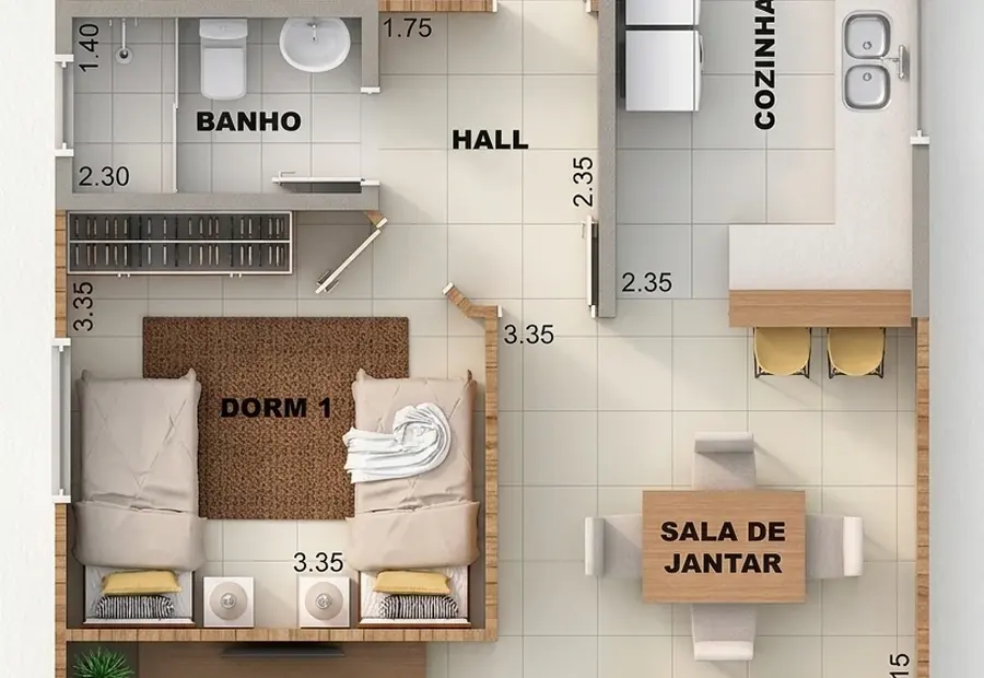 Planta: Casa Térrea 80,15m² com 2 Quartos, Varanda e Lavanderia