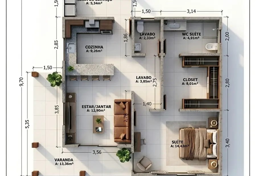 Planta: Casa Térrea 80,60m² com 1 Suíte, Closet, 1 Lavabo e Varanda