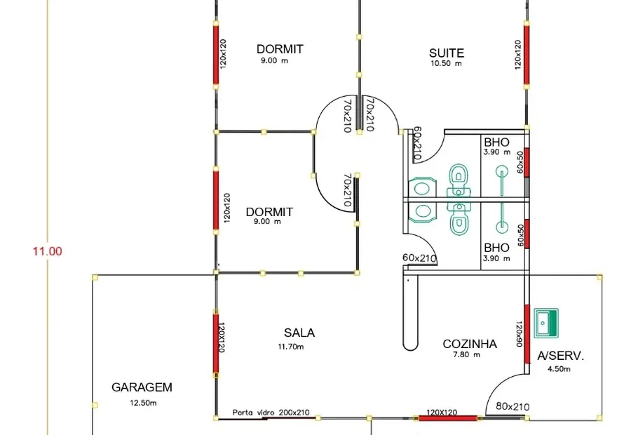 Planta: Casa 82,00m² com 1 Suíte e 2 Quartos