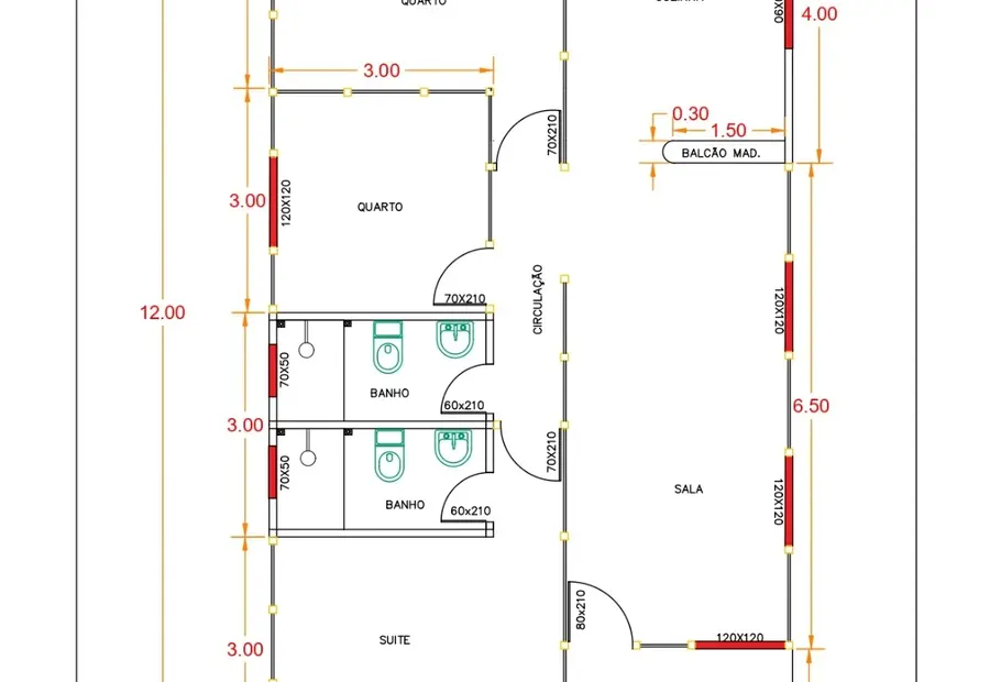 Planta: Casa 84,00m² com 1 Suíte e 2 Quartos