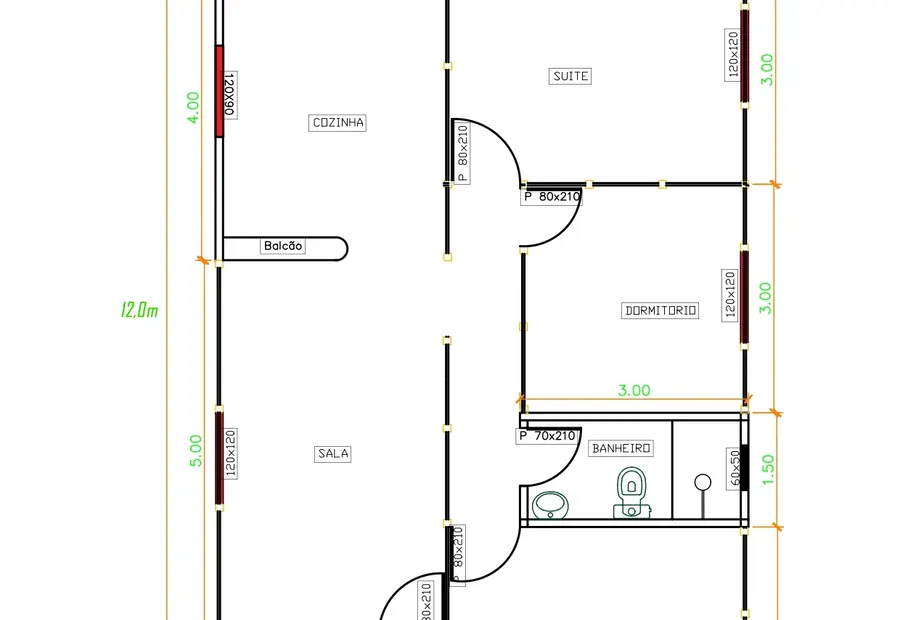Planta: Casa 84,00m² com 1 Suíte e 2 Quartos
