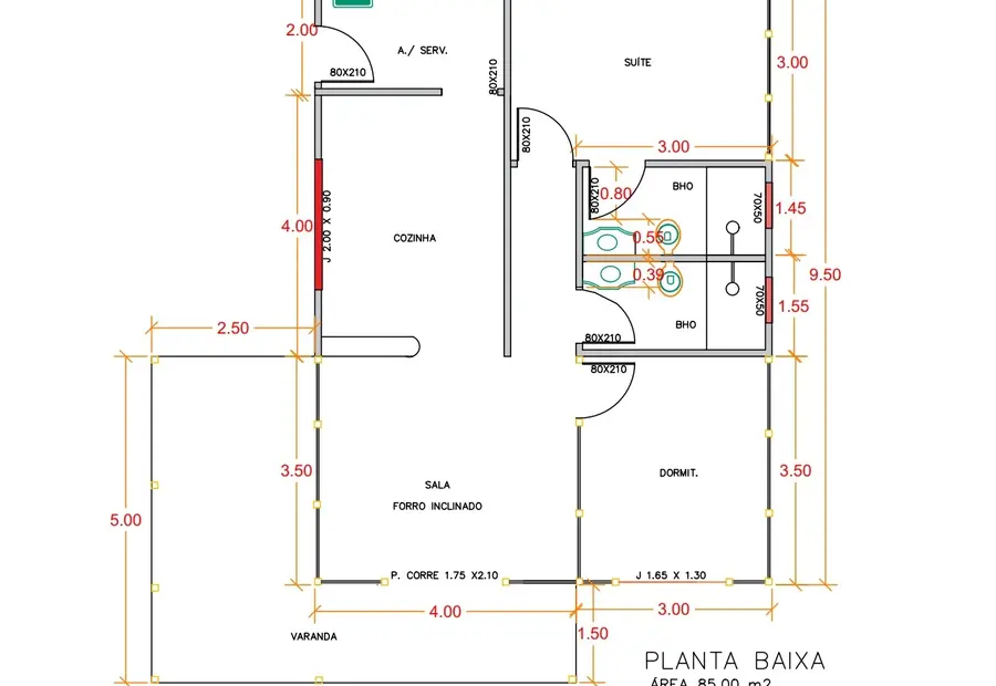 Planta: Casa 85,86m² com 1 Suíte e 2 Quartos