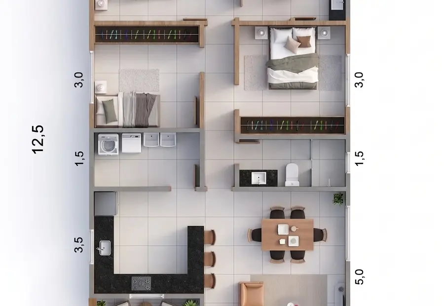 Planta: Casa 87,50m² com 1 Suíte e 2 Quartos