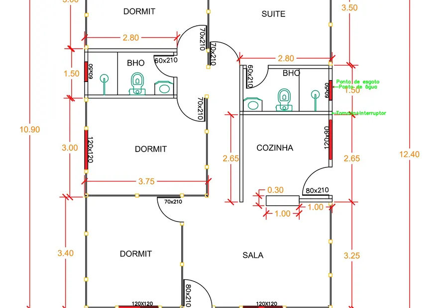 Planta: Casa 88,50m² com 1 Suíte e 3 Quartos