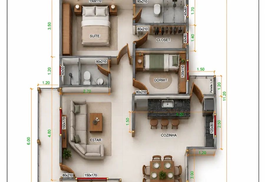 Planta: Casa 89,00m² com 1 Suíte e 1 Quarto