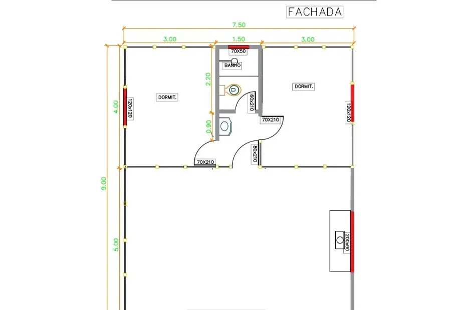 Planta: Casa 90,00m² com 2 Quartos e Varanda.