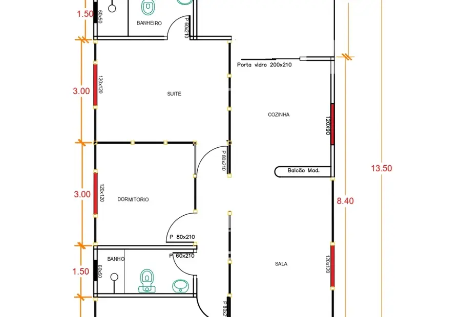 Planta: Casa 90,55m² com 1 Suíte e 2 Quartos