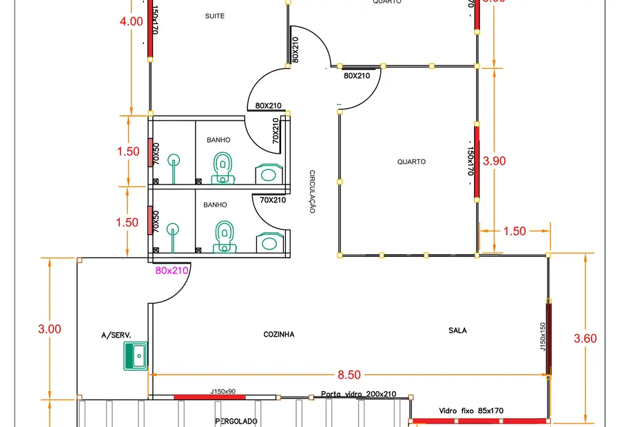 Planta: Casa 91,30m² com 1 suíte, 2 quartos e pergolado