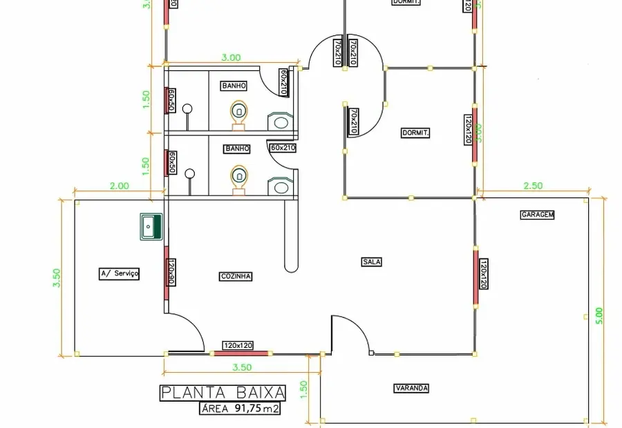 Planta: Casa 91,75m² com 1 suíte, 2 quartos, garagem e varanda