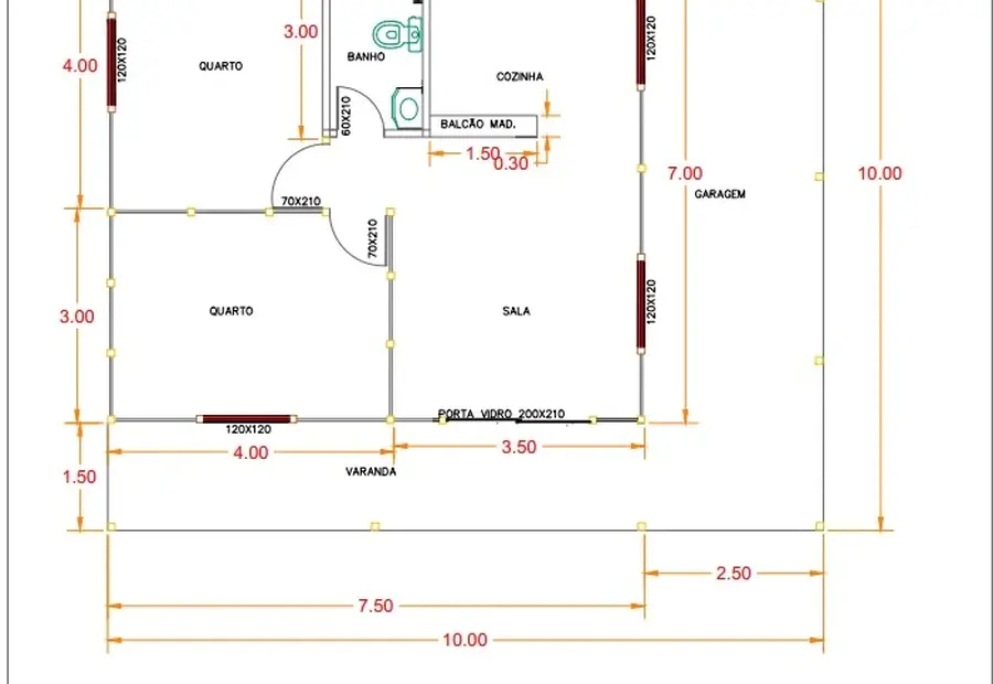 Planta: Casa 93,25m² com 2 quartos, garagem e varanda