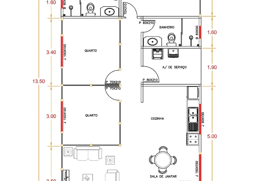 Planta: Casa 94,50m² com 1 suíte, 2 quartos, closet e varanda