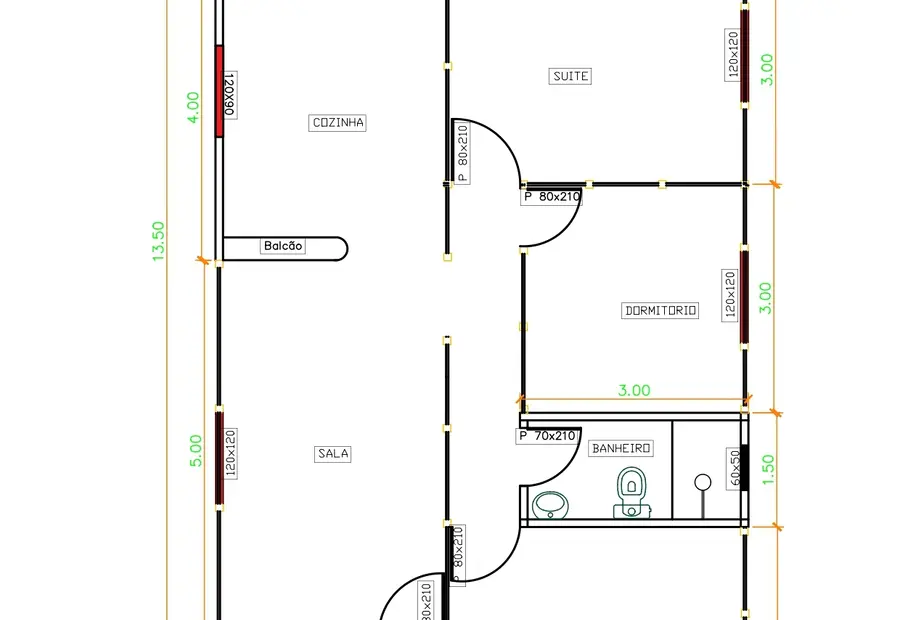 Planta: Casa 94,50m² com 1 suíte, 2 quartos, área gourmet e varanda
