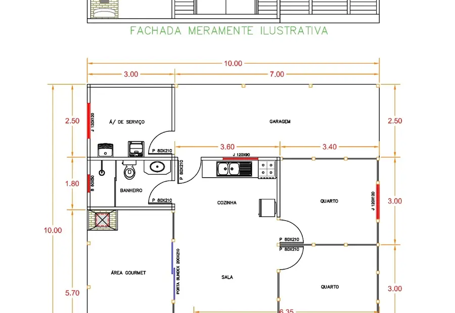 Planta: Casa 94,90m² com 2 quartos, área gourmet, garagem e varanda