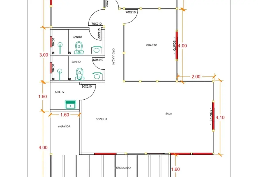 Planta: Casa 96,00m² com 1 suíte, 2 quartos, varanda e pergolado