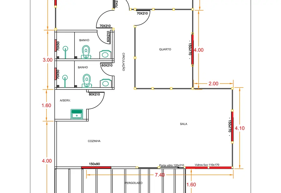 Planta: Casa 96,00m² com 1 suíte, 2 quartos e pergolado