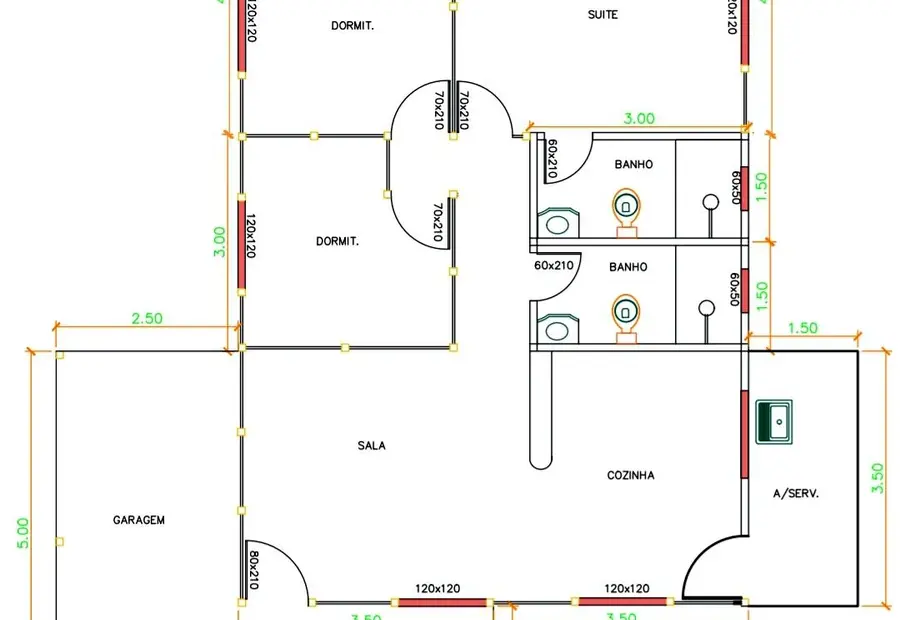Planta: Casa 96,50m² com 1 suíte, 2 quartos, garagem e varanda