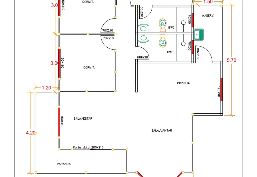 Planta: Casa 97,10m² com 2 suíte, 1 quartos, 3 banheiros e varanda