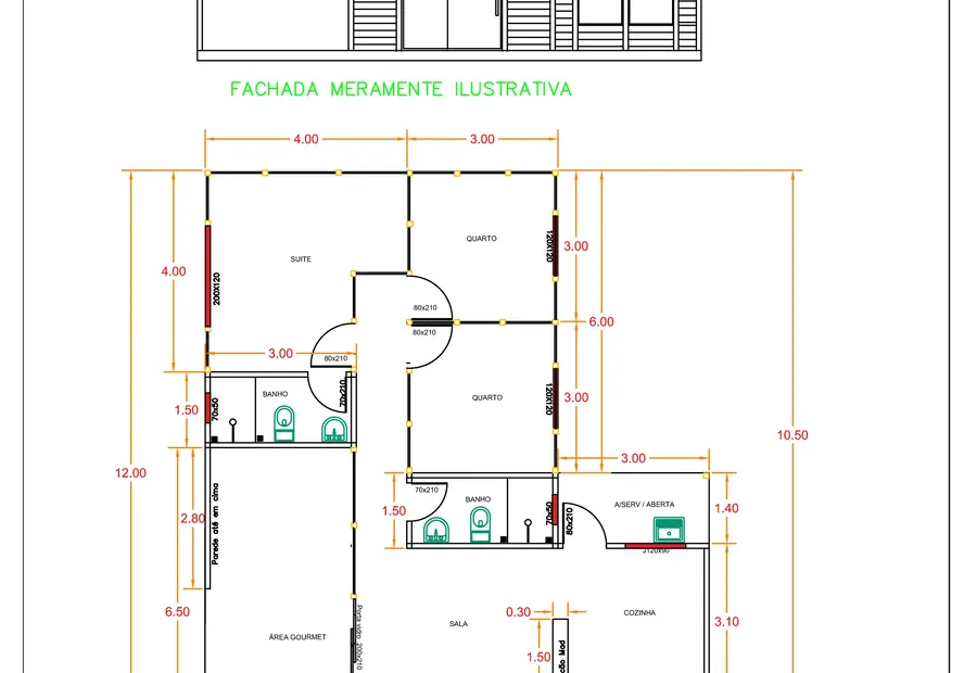 Planta: Casa 97,50m² com 1 suíte, 2 quartos, área gourmet e varanda