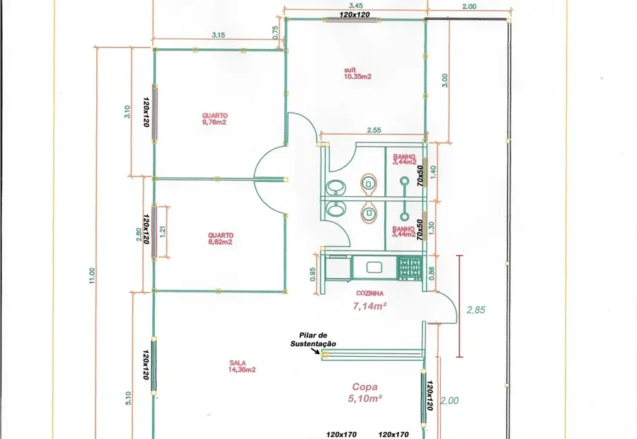 Planta: Casa 98,00m² com 1 suíte, 2 quartos, copa e varanda
