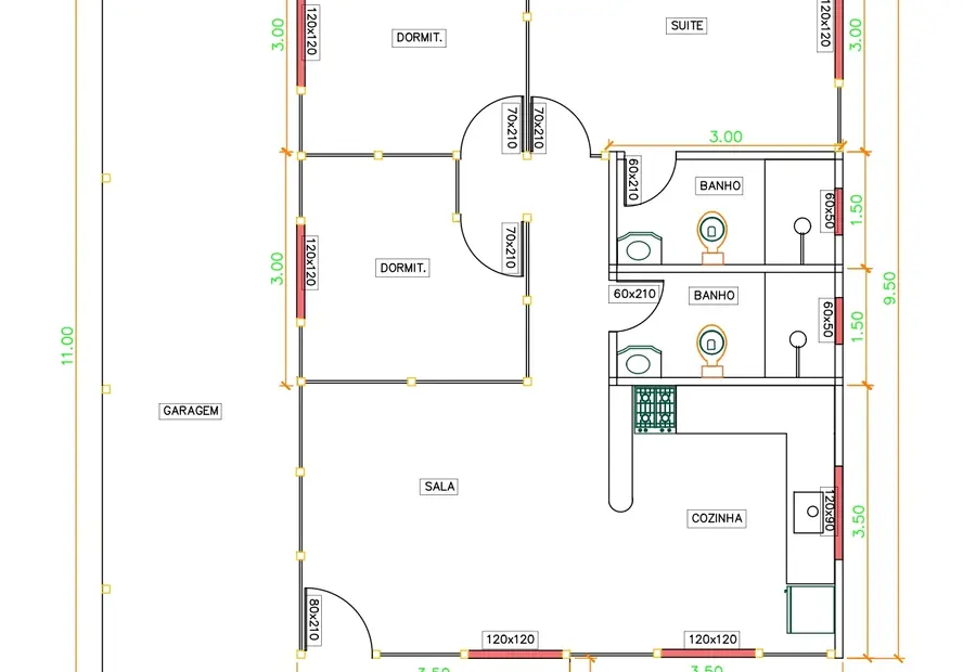 Planta: Casa 99,25m² com 1 suíte, 2 quartos, garagem e varanda